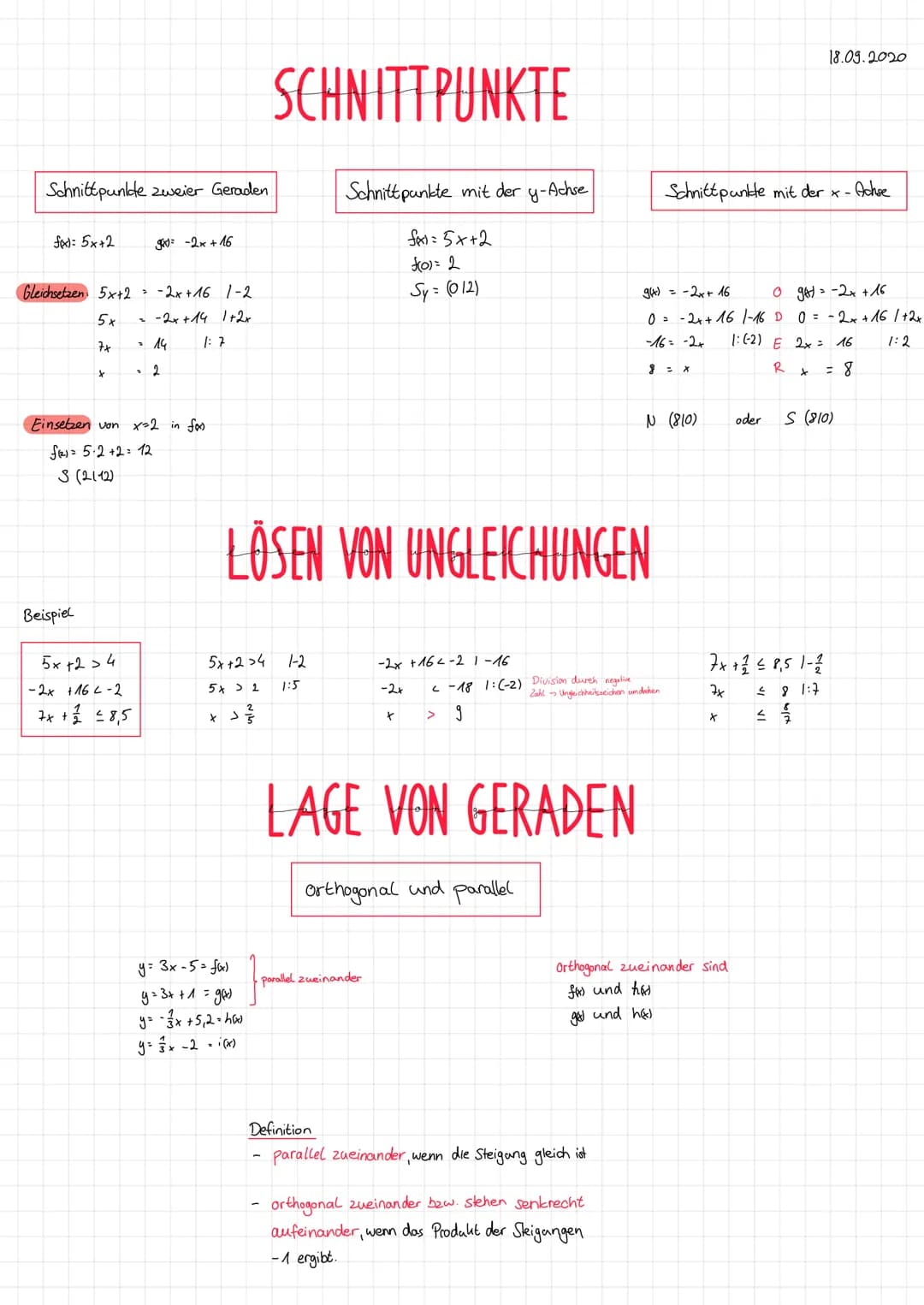 # LINEARE FUNKTIONEN
$f(x) = m \cdot x + t$
Parameter m -> Steigung
Parameter t -> y-Achsenabschnitt
x -> Variable
Nullstelle: Schnittpun
