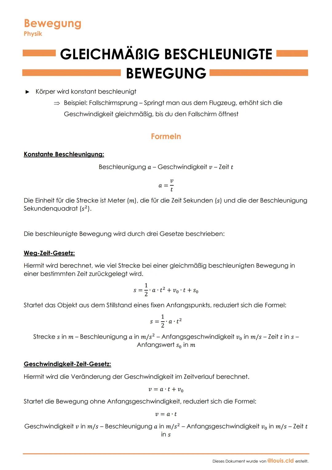Bewegung
Physik
GLEICHMÄBIG BESCHLEUNIGTE
BEWEGUNG
Körper wird konstant beschleunigt
→ Beispiel: Fallschirmsprung - Springt man aus dem Flug