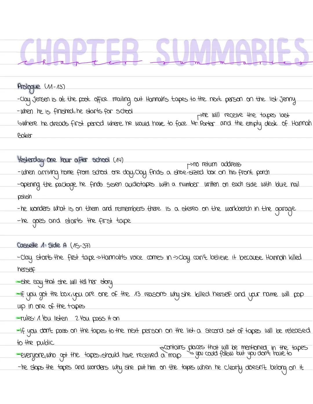 # CHAPTER SUMMARIES
Prologue (11-13)
-Clay Jensen is at the post office mailing out Hannah's tapes to the next person on the list: Jenny
-w