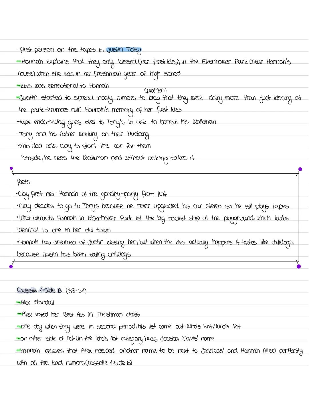 # CHAPTER SUMMARIES
Prologue (11-13)
-Clay Jensen is at the post office mailing out Hannah's tapes to the next person on the list: Jenny
-w