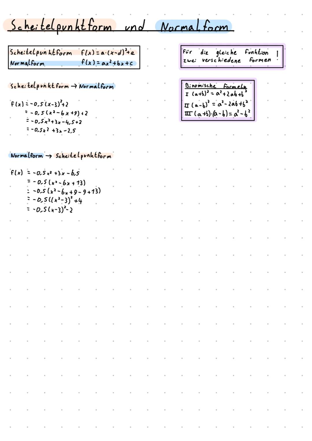 # Scheitelpunktform und Normalform
Scheitelpun ht form $f(x) = a \cdot (x-d)^2+e$
Normalform $f(x) = ax^2+bx+c$
Scheitelpunkt form→ Normal