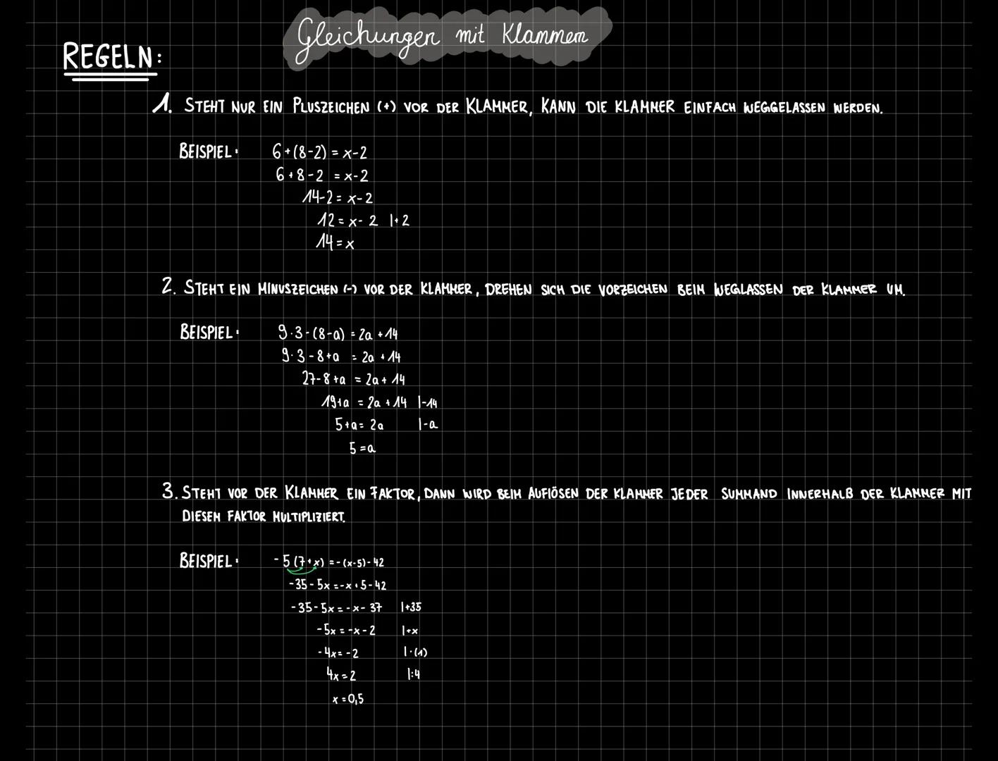 # REGELN:
Gleichungen mit Klammen
1. STEHT NUR EIN PLUSZEICHEN (+) VOR DER KLAMMER, KANN DIE KLAMMER EINFACH WEGGELASSEN WERDEN.
BEISPIEL