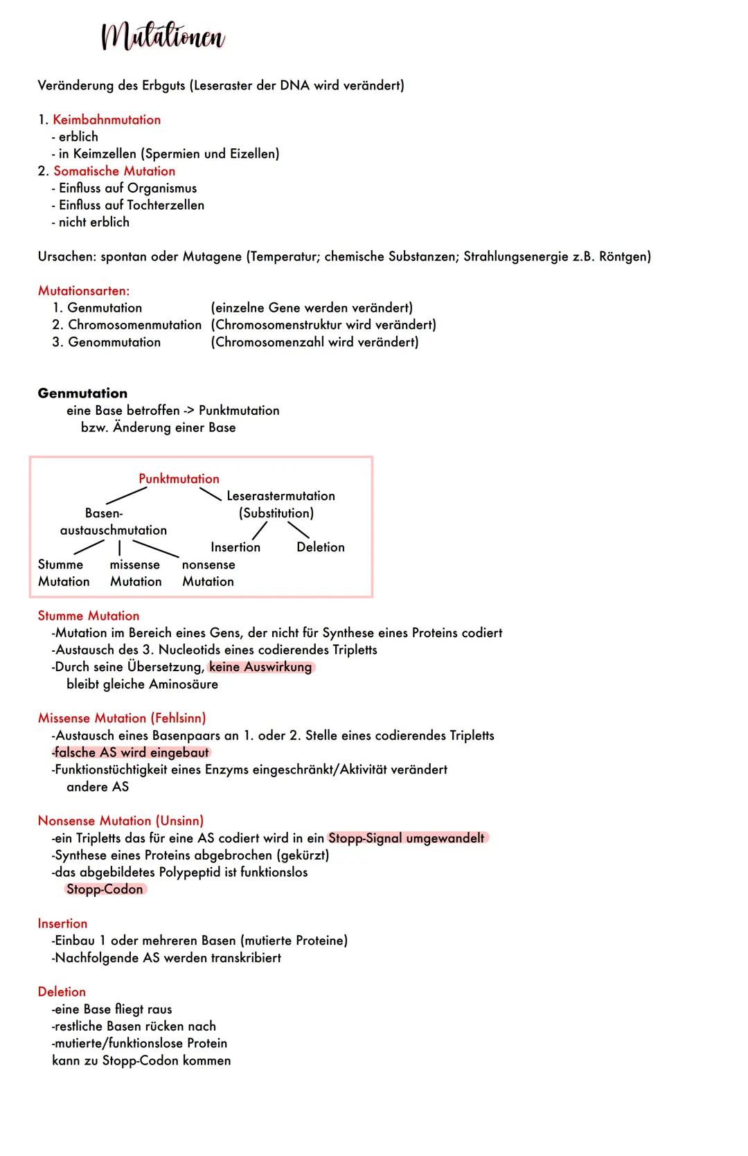 Mutationen
Veränderung des Erbguts (Leseraster der DNA wird verändert)
1. Keimbahnmutation
- erblich
- in Keimzellen (Spermien und Eizellen)