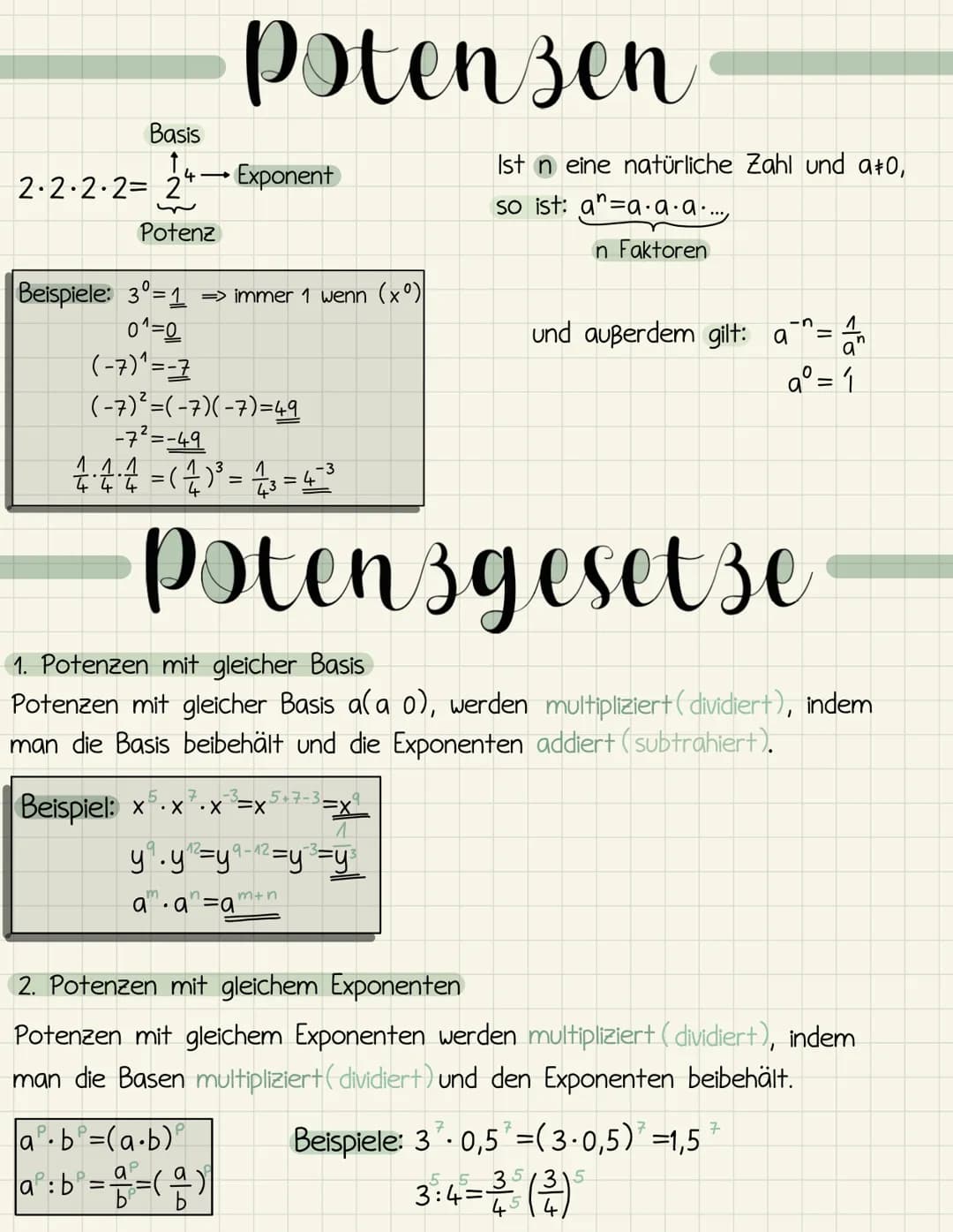 <p>Die Potenzgesetze sind Regeln, die bei der Multiplikation, Division, Addition und Subtraktion von Potenzen angewendet werden. Sie erleic