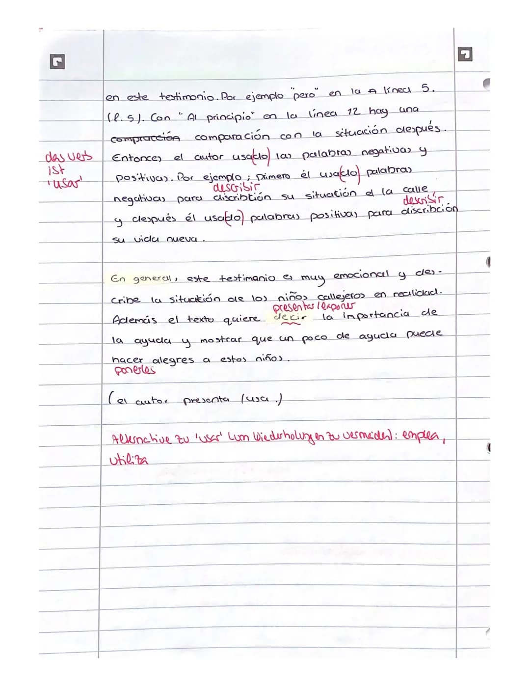 # El análisis
S.11.
El testimonio titulado "Historias de la calle" fue (y) escrito
Por un autor joven que se llama Rutilio. El testimonio
tr