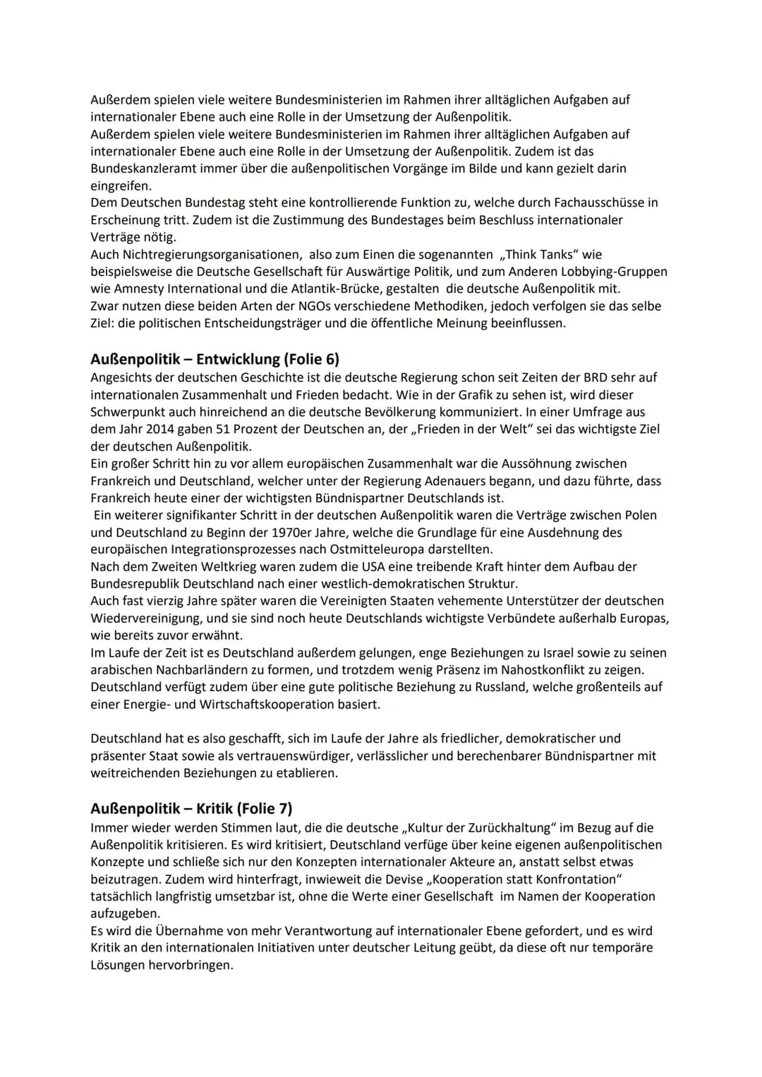 # Deutsche Außen- und Sicherheitspolitik
## Außenpolitik
### Definition
- Alle Handlungen, Absichten und Erklärungen eines Staates
- Ziel