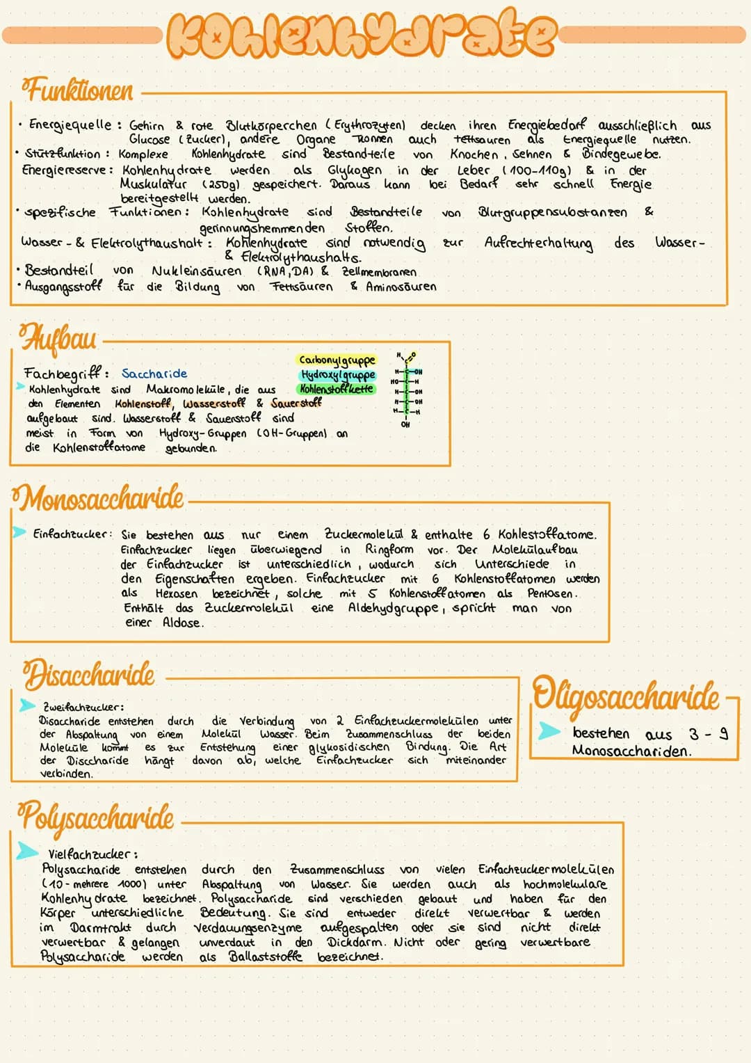 # Kohlenhydrate
## Funktionen
* Energiequelle: Gehirn & rote Blutkörperchen (Erythrozyten) decken ihren Energiebedarf ausschließlich aus Glu