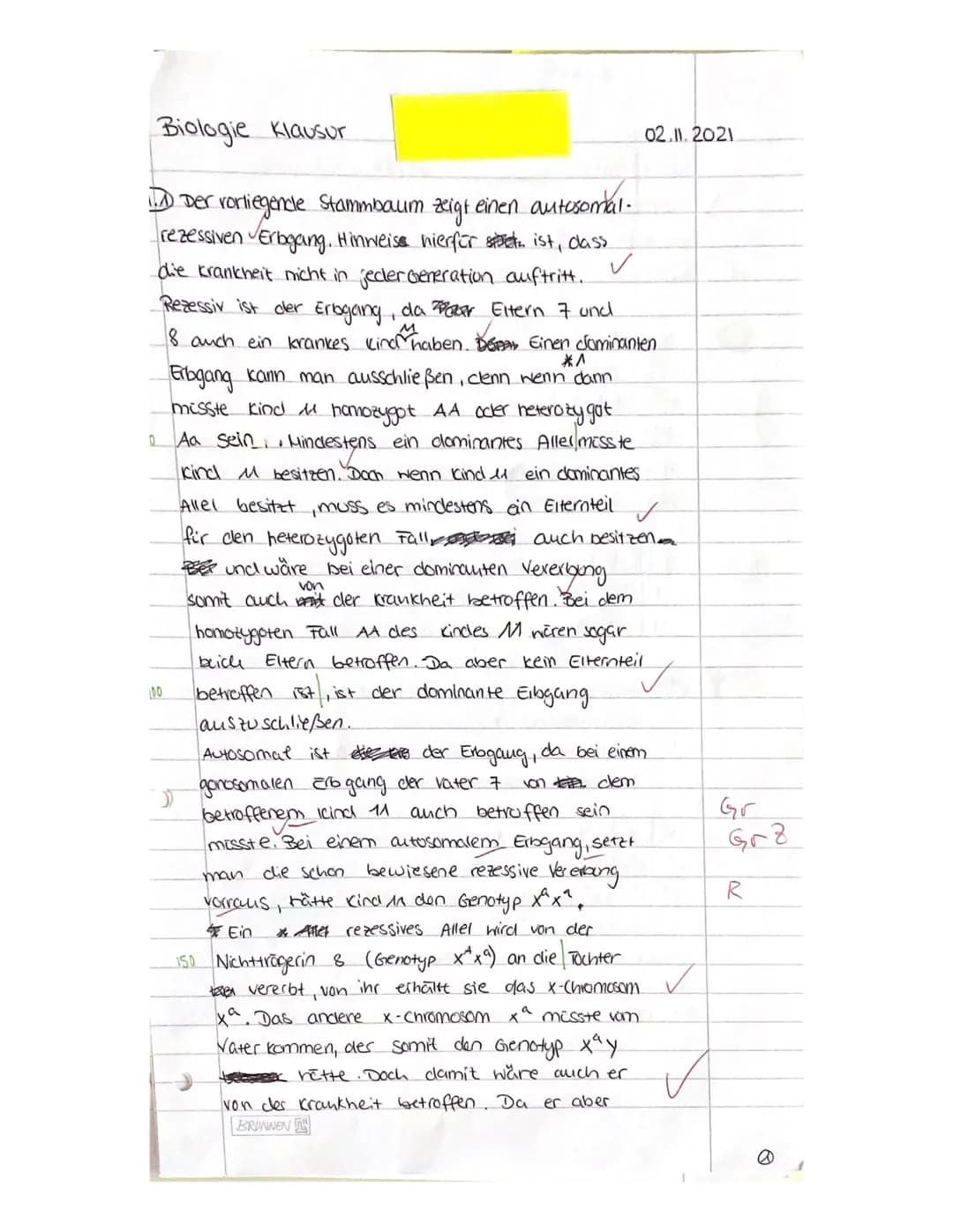 # Biologie Klausur
02.11. 2021
100 ✓
Der vorliegencle Stammbaum zeigt einen autosomal-rezessiven Erbgang. Hinweise hierfür stret ist, dass
