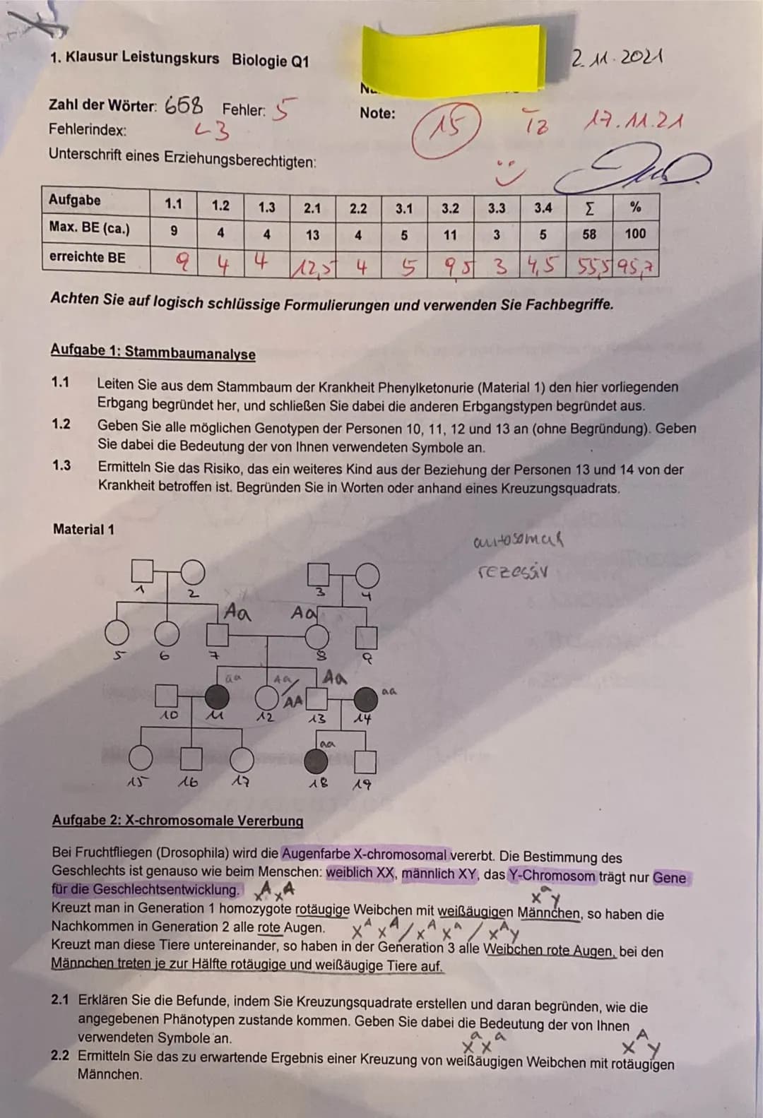 # Biologie Klausur
02.11. 2021
100 ✓
Der vorliegencle Stammbaum zeigt einen autosomal-rezessiven Erbgang. Hinweise hierfür stret ist, dass