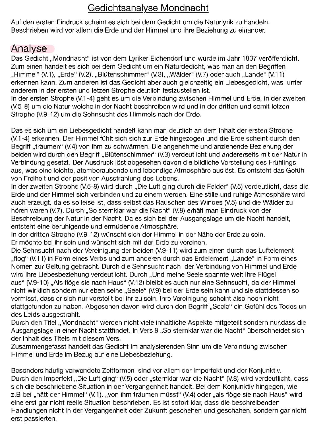 Gedichtsanalyse zu „Mondnacht“ von Joseph Eichendorf