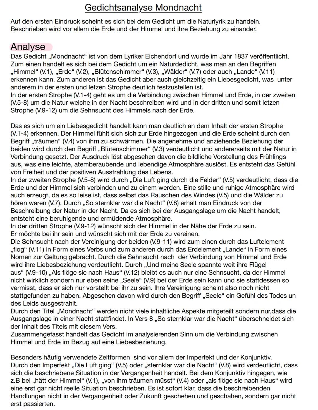 Gedichtsanalyse Mondnacht
Auf den ersten Eindruck scheint es sich bei dem Gedicht um die Naturlyrik zu handeln.
Beschrieben wird vor allem d