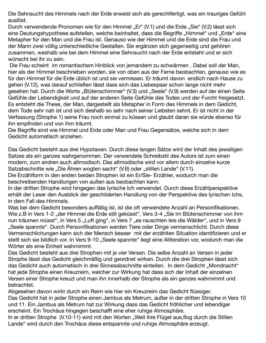 Gedichtsanalyse Mondnacht
Auf den ersten Eindruck scheint es sich bei dem Gedicht um die Naturlyrik zu handeln.
Beschrieben wird vor allem d