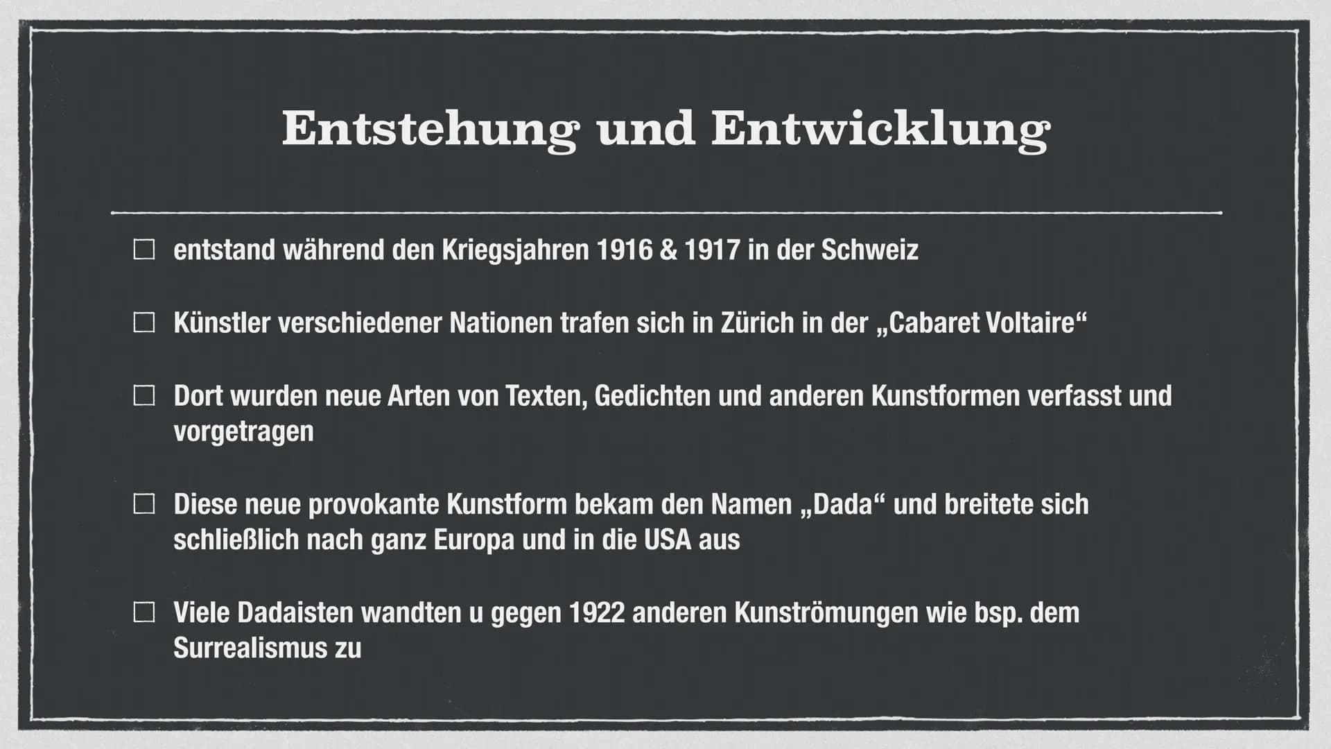 dada
Komm
nf
Die
anti
dada
Bewegung
dada
DADAISMUS # Gliederung
- Entstehung und Entwicklung
- Begriffsklärung „Dada“
- Grundidee Dadaismus