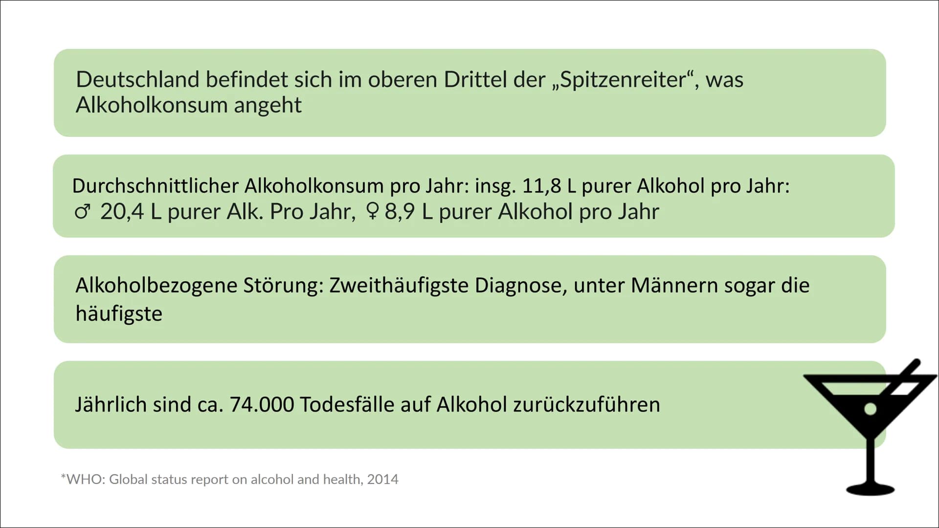 Deutschland befindet sich im oberen Drittel der „Spitzenreiter“, was
Alkoholkonsum angeht
Durchschnittlicher Alkoholkonsum pro Jahr: insg. 1