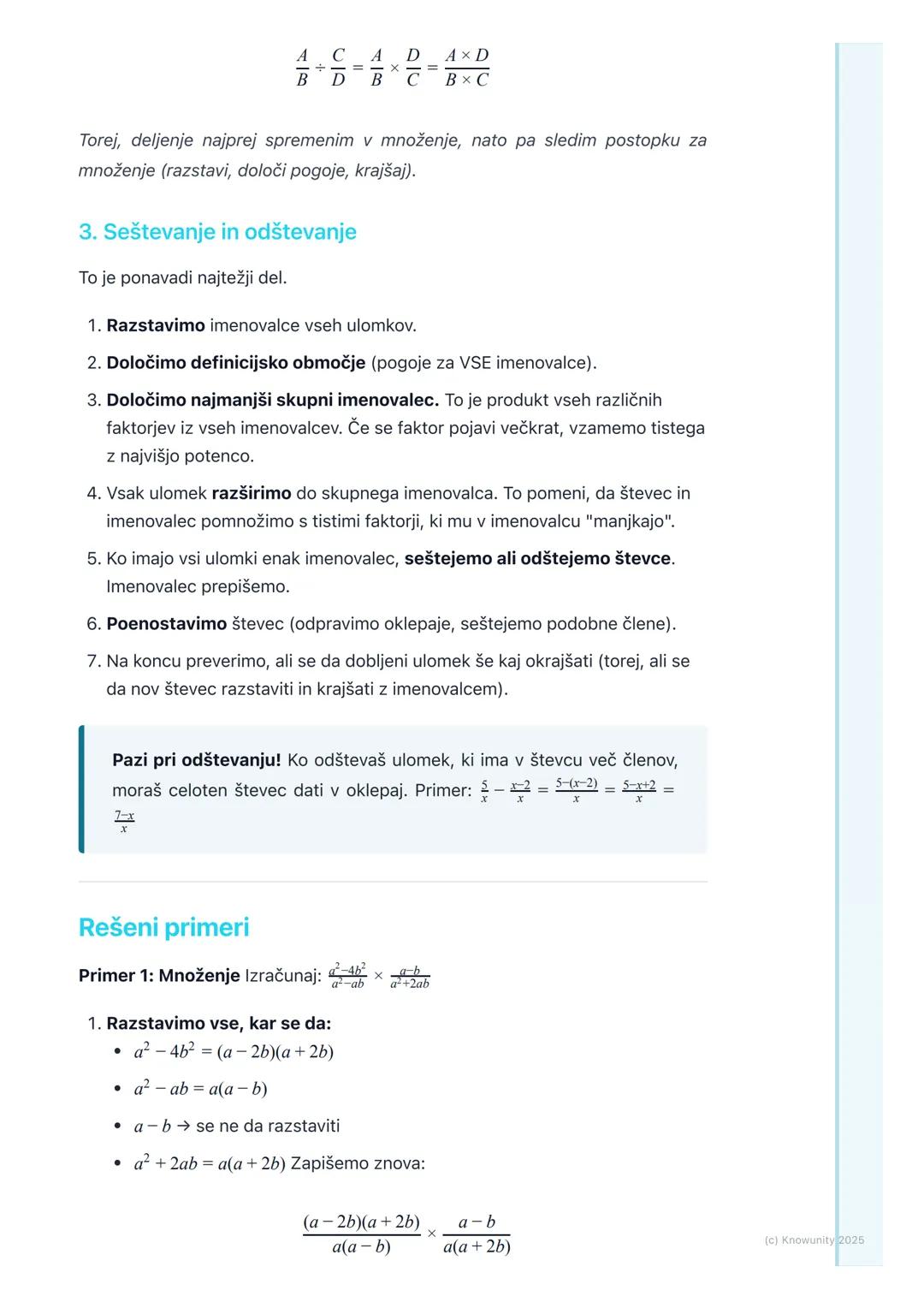 # Algebrski ulomki
Uvod v algebrske ulomke
Algebrski ulomki so v bistvu posplošitev navadnih ulomkov, s katerimi že
znamo računati. Razlik