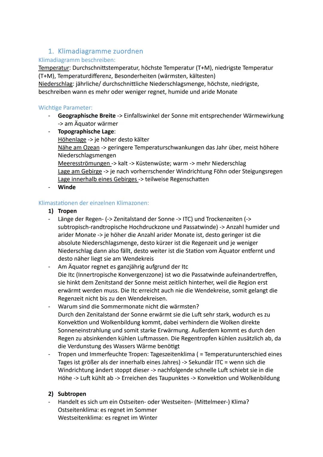 # 1. Klimadiagramme zuordnen
Klimadiagramm beschreiben:
Temperatur: Durchschnittstemperatur, höchste Temperatur (T+M), niedrigste Temperatu