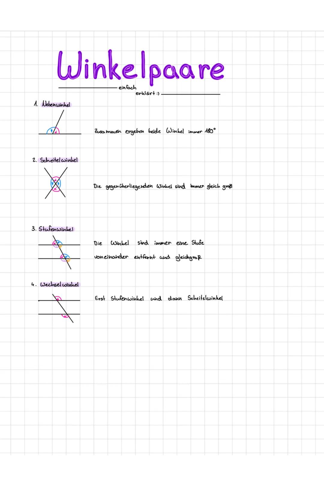 # Winkelpaare
einfach
erklärt:)
1. Nebenwinkel
Zusammen ergeben belde Winkel immer 180°
2. Scheitel winkel
X
Die gegenüberliegenden Wi