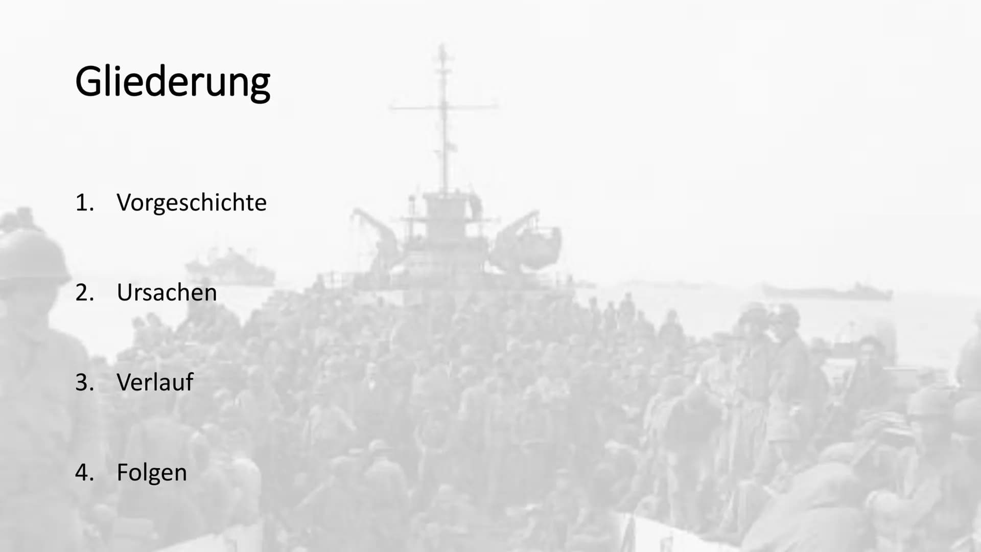 Der Koreakrieg
1950 - 1953 # Gliederung
1. Vorgeschichte
2. Ursachen
3. Verlauf
4. Folgen # 1. Vorgeschichte
* Korea 1910-45 von Japan behe