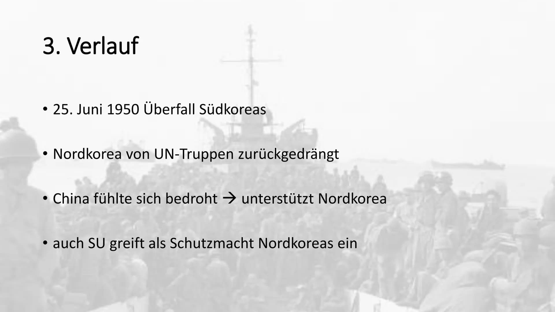 Der Koreakrieg
1950 - 1953 # Gliederung
1. Vorgeschichte
2. Ursachen
3. Verlauf
4. Folgen # 1. Vorgeschichte
* Korea 1910-45 von Japan behe