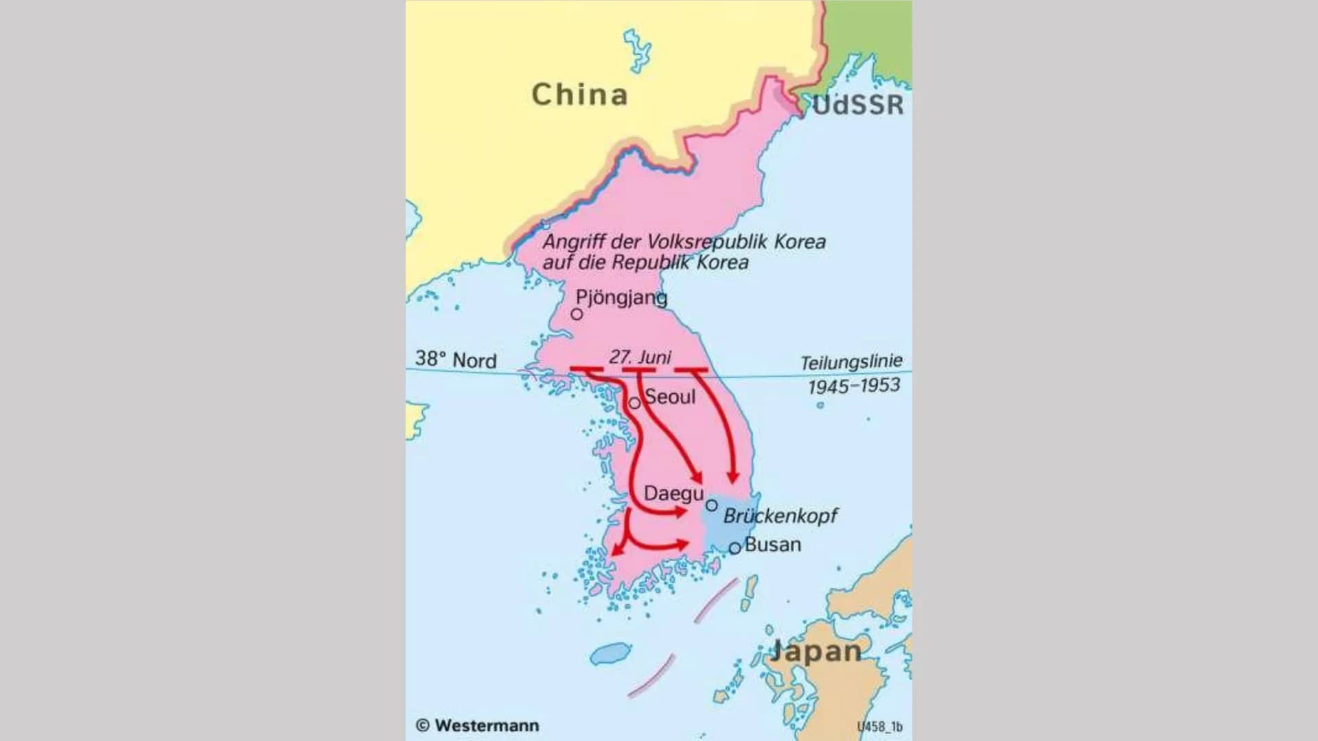 Der Koreakrieg
1950 - 1953 # Gliederung
1. Vorgeschichte
2. Ursachen
3. Verlauf
4. Folgen # 1. Vorgeschichte
* Korea 1910-45 von Japan behe