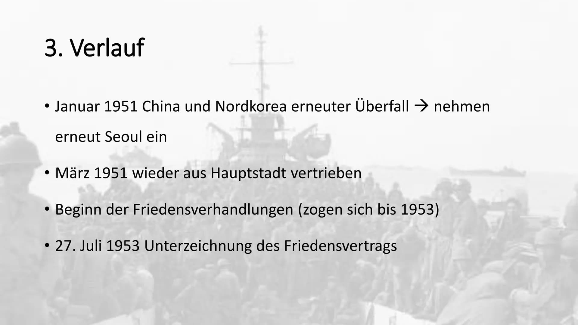 Der Koreakrieg
1950 - 1953 # Gliederung
1. Vorgeschichte
2. Ursachen
3. Verlauf
4. Folgen # 1. Vorgeschichte
* Korea 1910-45 von Japan behe