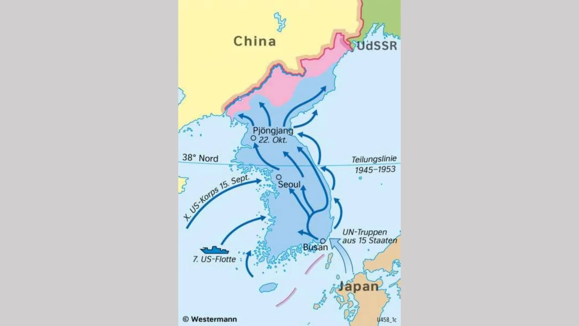 Der Koreakrieg
1950 - 1953 # Gliederung
1. Vorgeschichte
2. Ursachen
3. Verlauf
4. Folgen # 1. Vorgeschichte
* Korea 1910-45 von Japan behe
