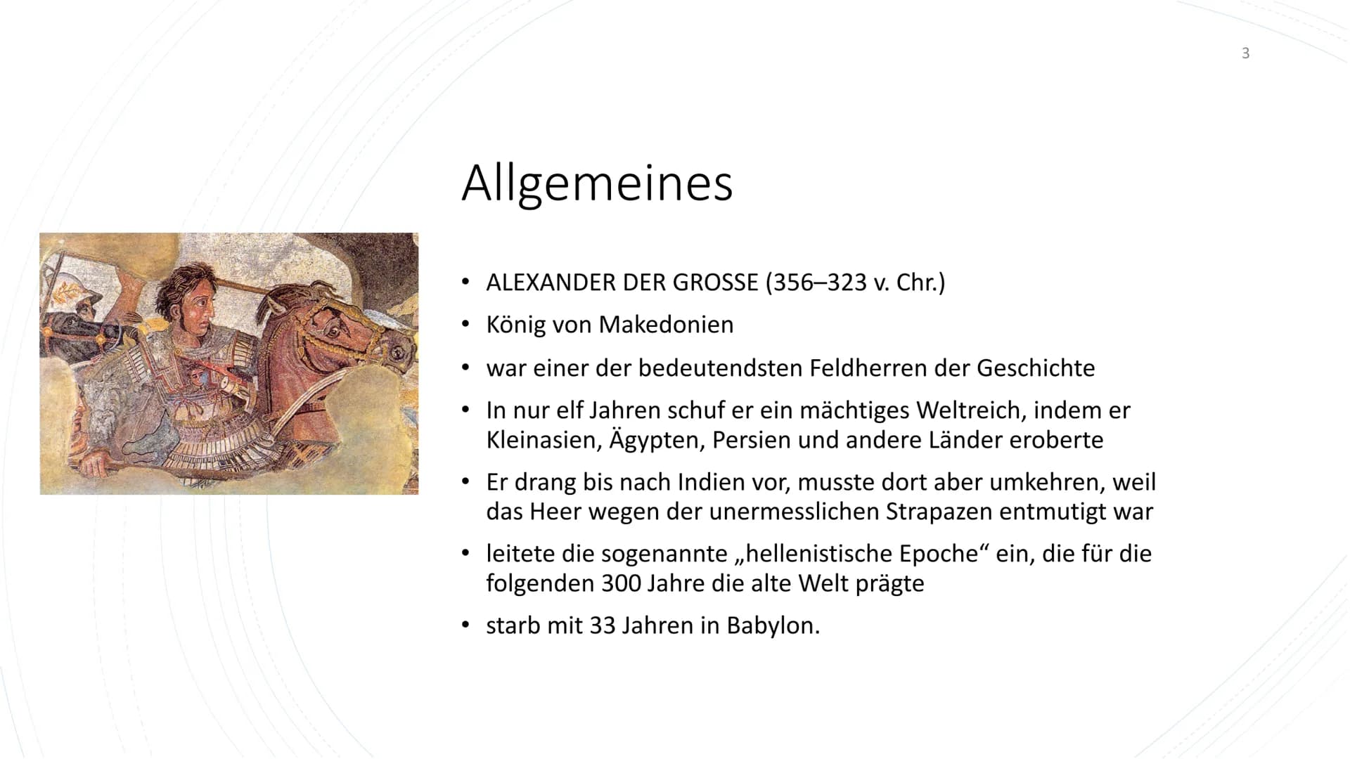 # Alexander der Große und Bukephalos - Handout
## 1 Allgemeines
* ALEXANDER DER GROSSE (356-323 v. Chr.)
* König von Makedonien
* war eine