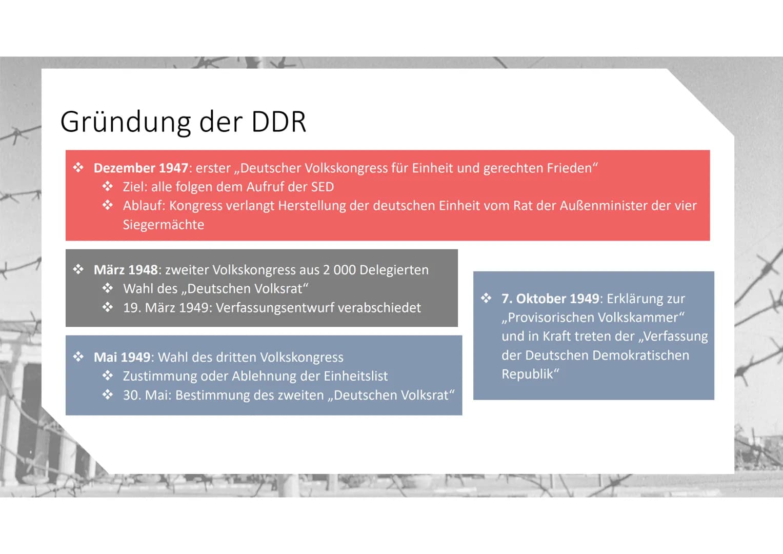 Von der SBZ zur Deutschen
Demokratischen Republik # Entnazifizierung und Sowjetisierung
* Besetzung der SBZ von der SMAD
* Start der Maßnahm