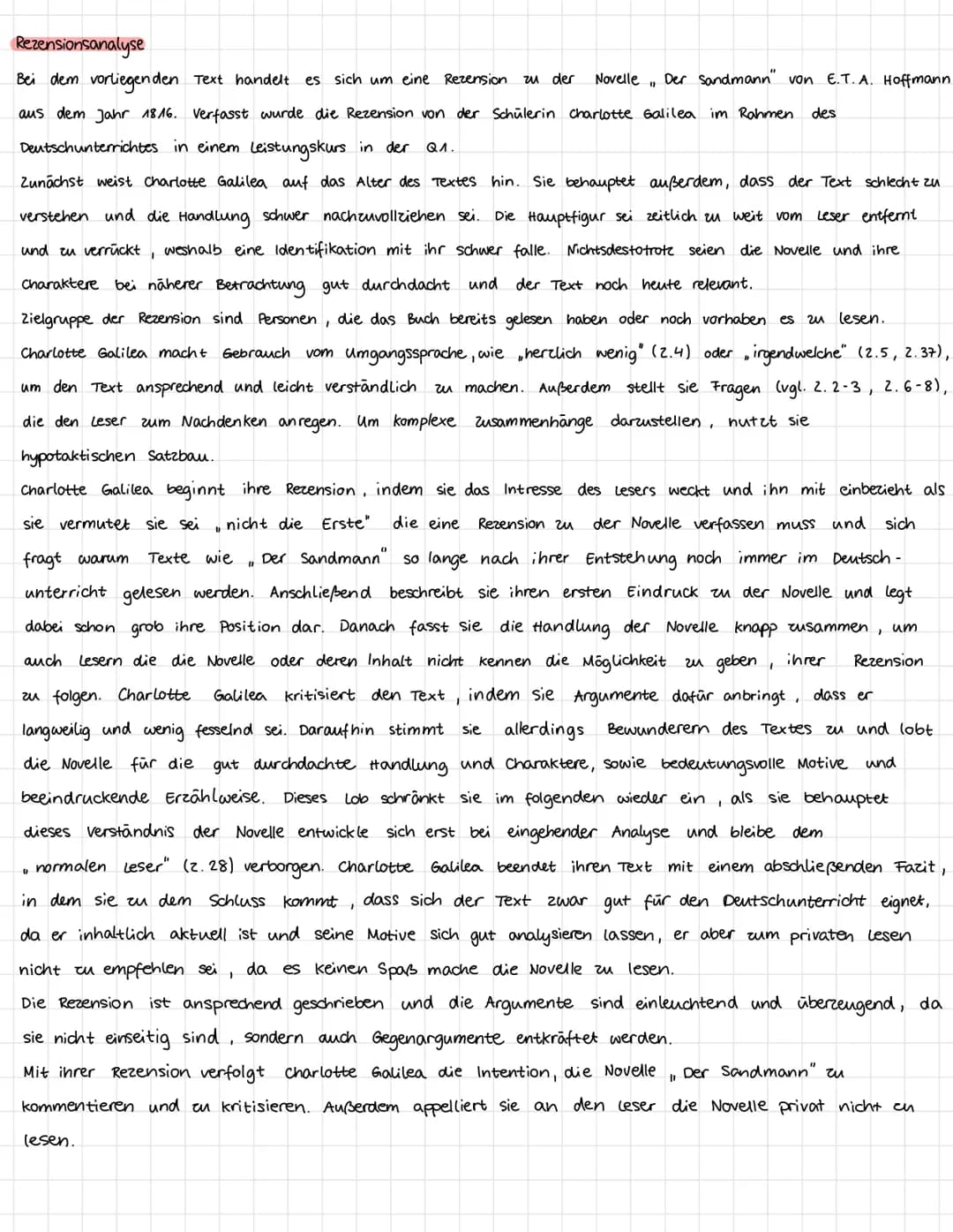 # Rezensionsanalyse
Bei dem vorliegenden Text handelt es sich um eine Rezension zu der Novelle „Der Sandmann“ von E.T.A. Hoffmann aus dem Ja
