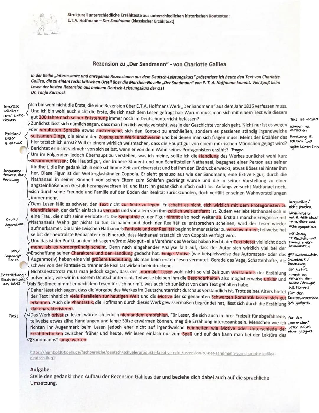 # Rezensionsanalyse
Bei dem vorliegenden Text handelt es sich um eine Rezension zu der Novelle „Der Sandmann“ von E.T.A. Hoffmann aus dem Ja