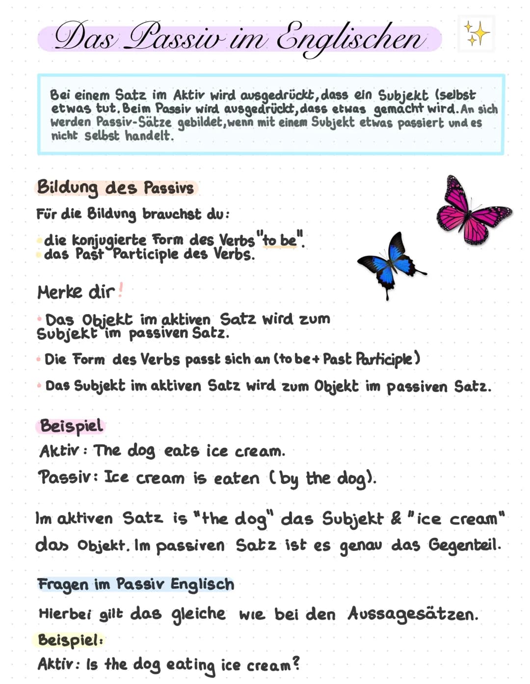 # Das Passiv im Englischen
Bei einem Satz im Aktiv wird ausgedrückt, dass ein Subjekt (selbst etwas tut. Beim Passiv wird ausgedrückt, dass