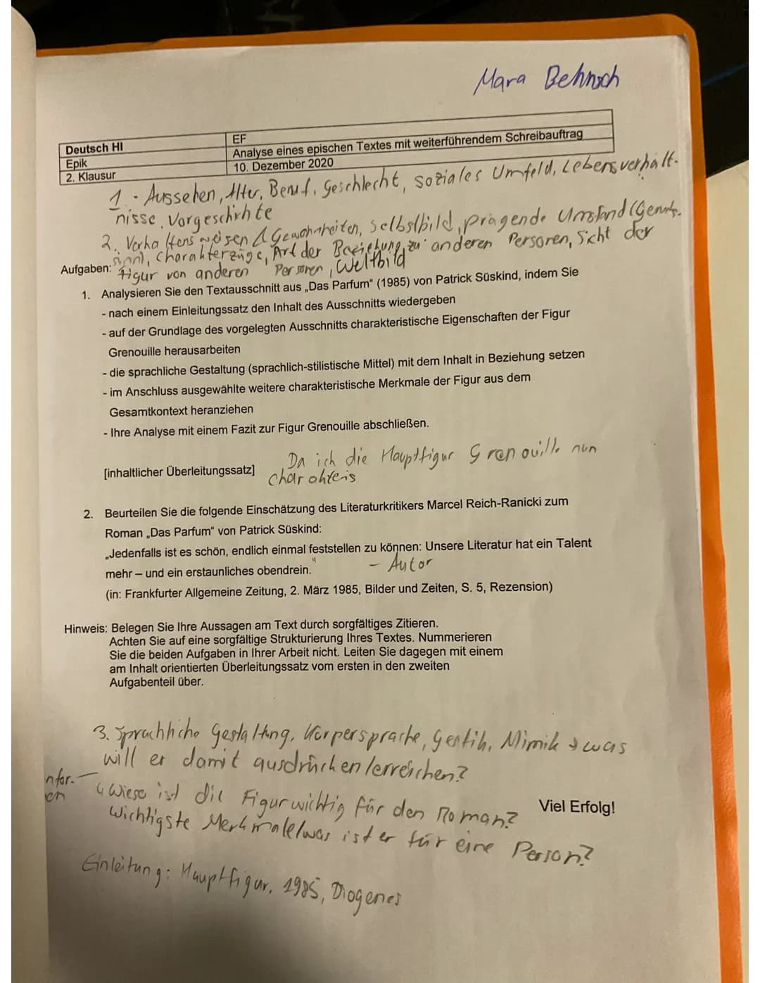 # Mara Behnoch
Deutsch HI
Epik
2. Klausur
EF
Analyse eines epischen Textes mit weiterführendem Schreibauftrag
10. Dezember 2020
1. Ausseh