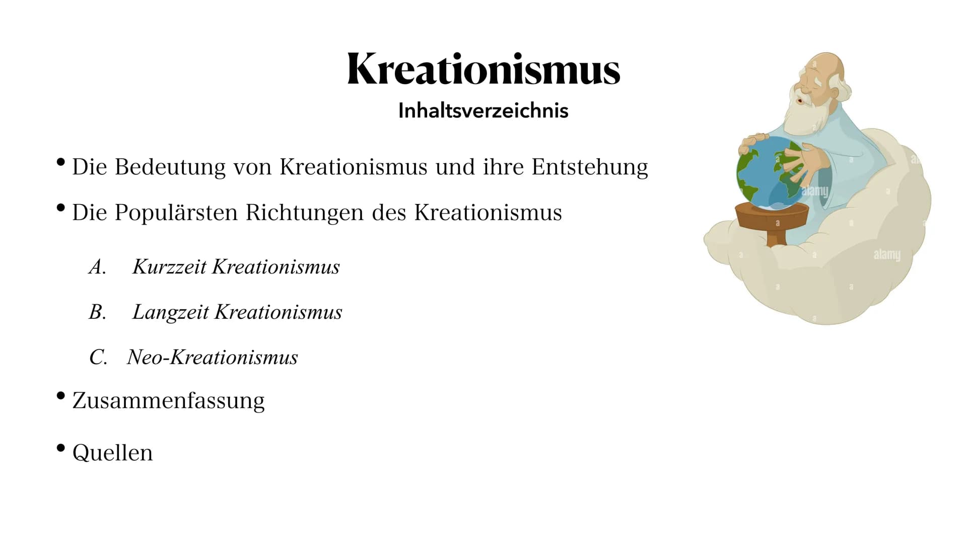 Handout
# Kreationismus
**Bedeutung:** Glaubt dass, das Universum, das Leben und der Mensch durch einen Schöpfer (Gott) (aus ihrer Sicht)