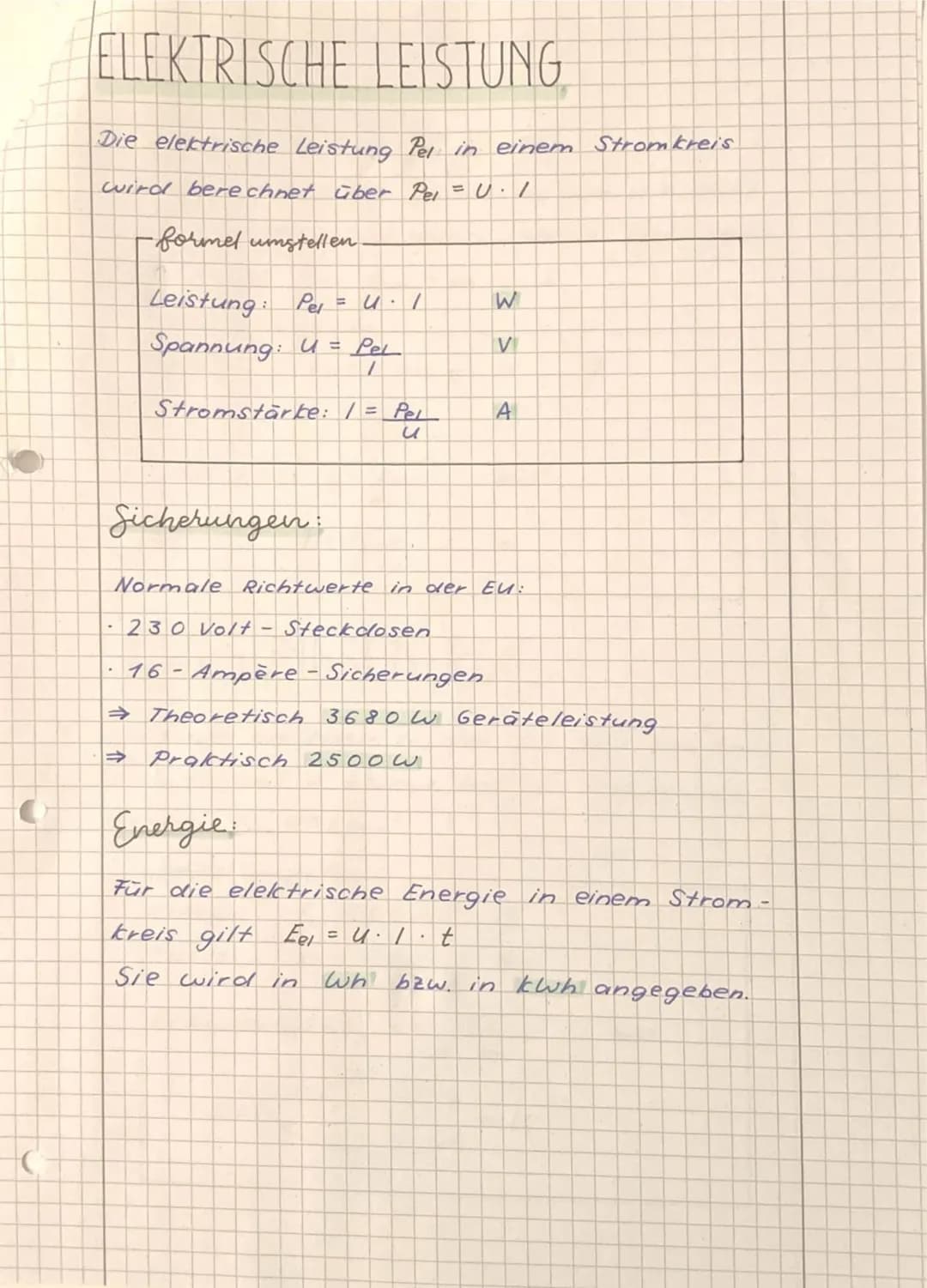 # ELEKTRISCHE LEISTUNG
Die elektrische Leistung $P_{el}$ in einem Stromkreis
wird berechnet über $P_{el} = U \cdot I$
- formel umstellen