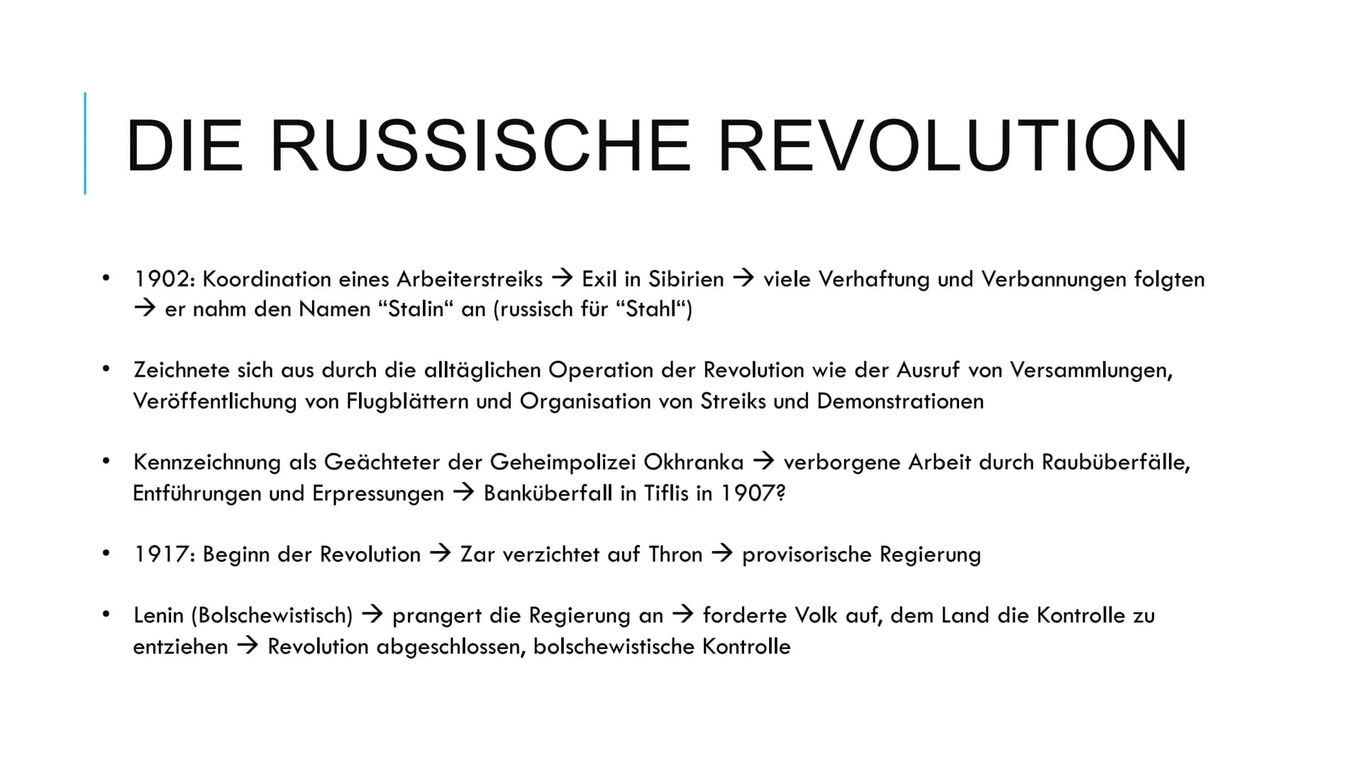 STALIN # INHALTSVERZEICHNIS
1. Wer war Joseph Stalin?
II. Die russische Revolution
III. Politische Übernahme
IV. Der zweite Weltkrieg
V. St