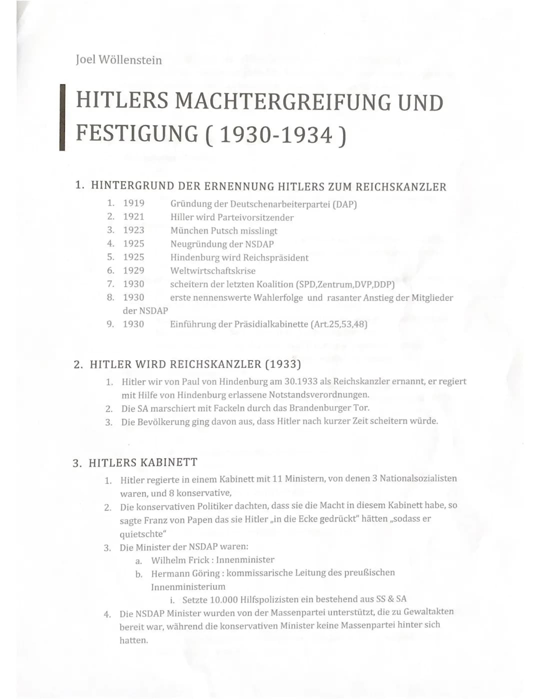 Joel Wöllenstein
# HITLERS MACHTERGREIFUNG UND FESTIGUNG (1930-1934)
## 1. HINTERGRUND DER ERNENNUNG HITLERS ZUM REICHSKANZLER
1. 1919 G