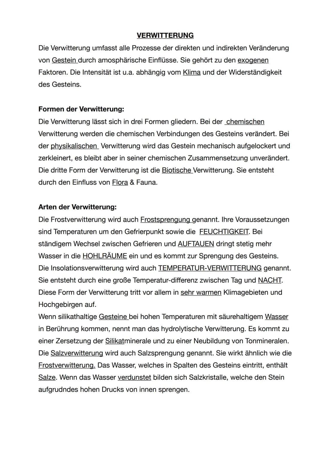# VERWITTERUNG
Die Verwitterung umfasst alle Prozesse der direkten und indirekten Veränderung
von Gestein durch amosphärische Einflüsse. Sie