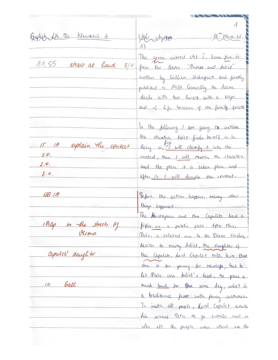 18th March, 2021
3. Englischklausur
Q1.2 LK EN/De
Romeo and Juliet by William Shakespeare, Act I, Scene 5
# Annotations:
91 profane - disho