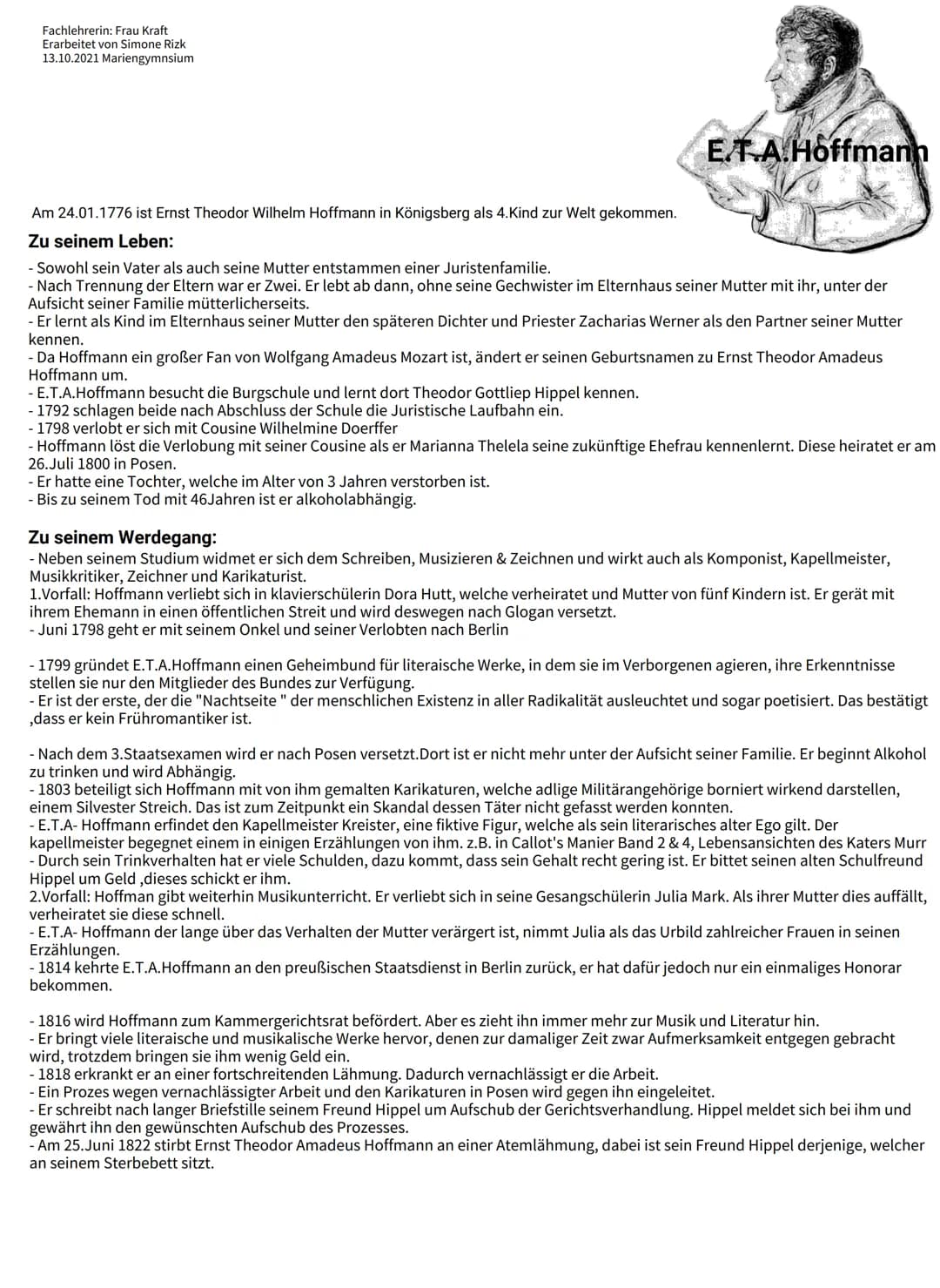 # Die Romantik für Hoffmann:
- einige seiner Werke bauen auf schwarzer Romantik auf (unheimliche Zeichen & Räume, Mehrdeutigkeit und Widersp