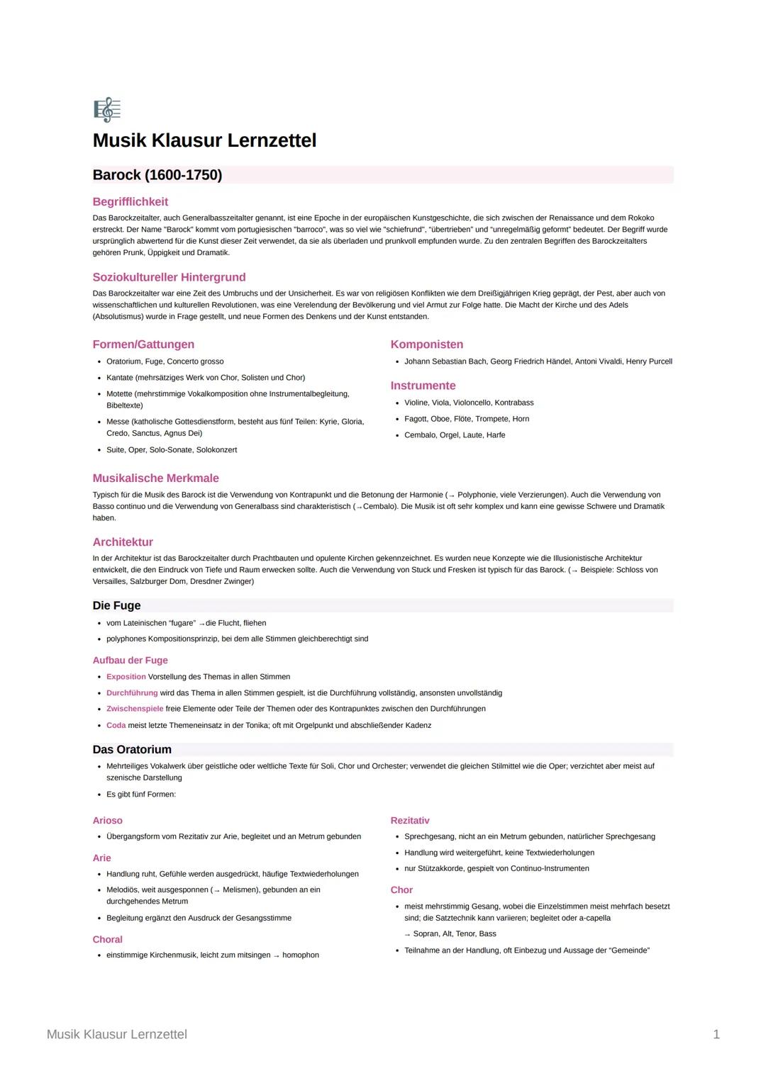 # Musik Klausur Lernzettel
Barock (1600-1750)
Begrifflichkeit
Das Barockzeitalter, auch Generalbasszeitalter genannt, ist eine Epoche in