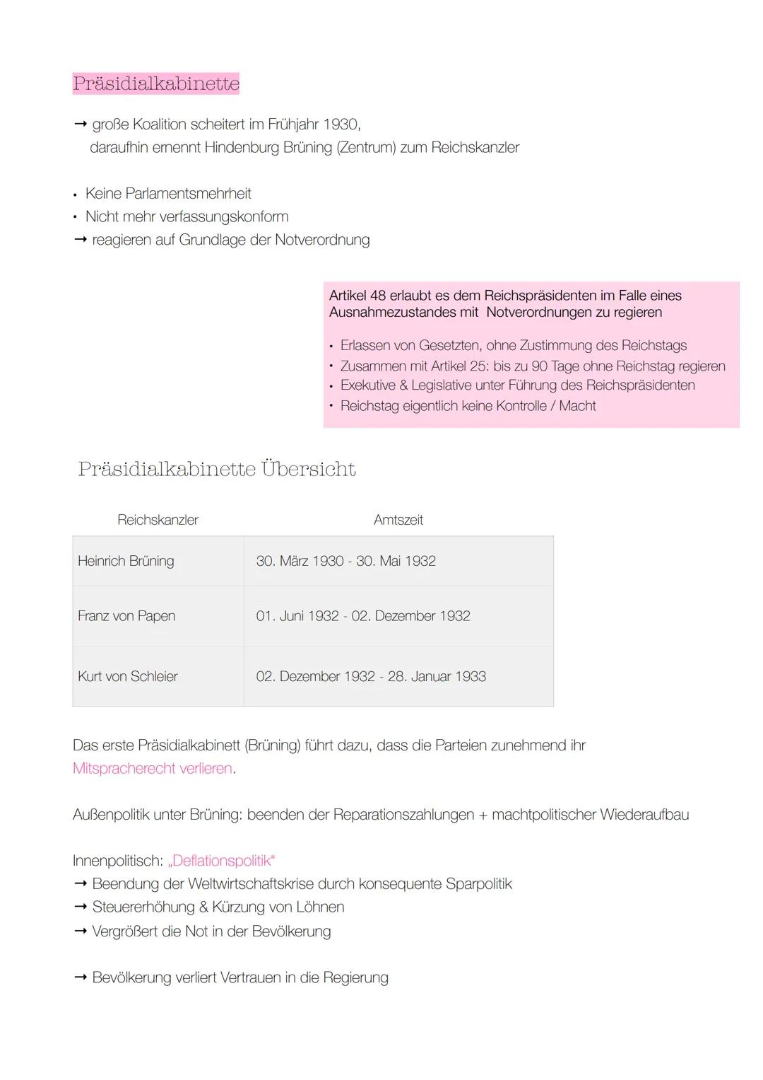 Präsidialkabinette
→ große Koalition scheitert im Frühjahr 1930,
daraufhin emennt Hindenburg Brüning (Zentrum) zum Reichskanzler
Keine Parla