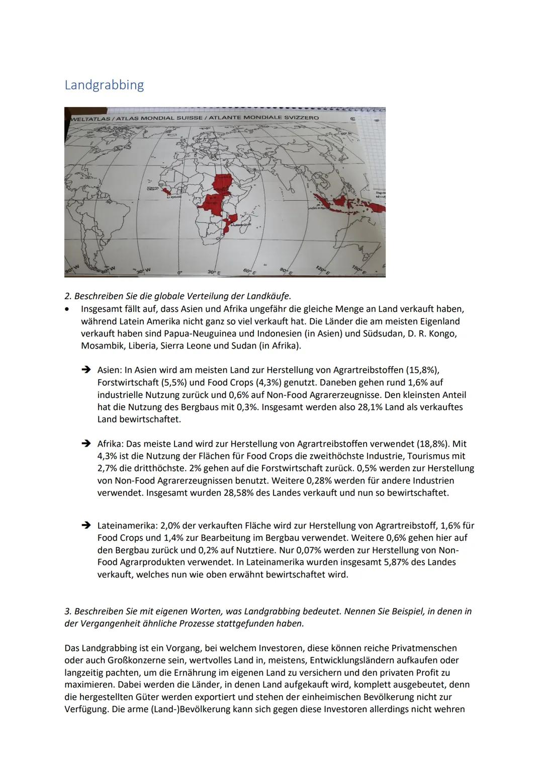 # Landgrabbing
WELTATLAS / ATLAS MONDIAL SUISSE / ATLANTE MONDIALE SVIZZERO
30
60
2. Beschreiben Sie die globale Verteilung der Landkäuf