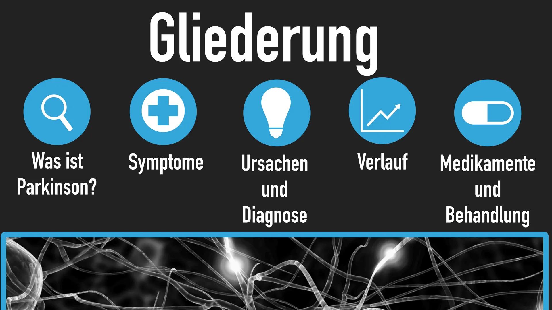 PARKINSON Q
Was ist
Parkinson?
Gliederung
+
Symptome
Ursachen
und
Diagnose
Verlauf
D
Medikamente
und
Behandlung Q
WAS IST PARKINSON?
▸ Nach