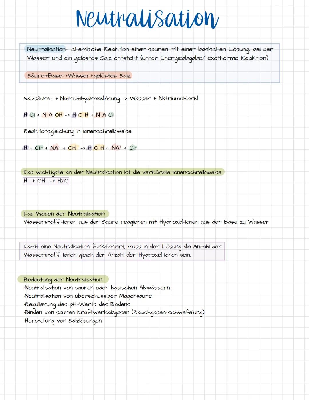 Neutralisation
Neutralisation= chemische Reaktion einer sauren mit einer basischen Lösung, bei der
Wasser und ein gelöstes Salz entsteht (un