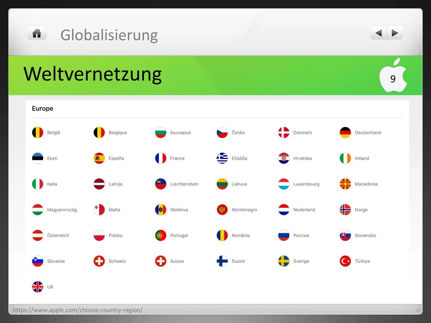 Globalisierung
APPLE
Wie grün ist der Apfel? ## Globalisierung
# Nachhaltigkeit
1
- Ökologie
- Prinzip, nach dem nicht mehr verbraucht werd