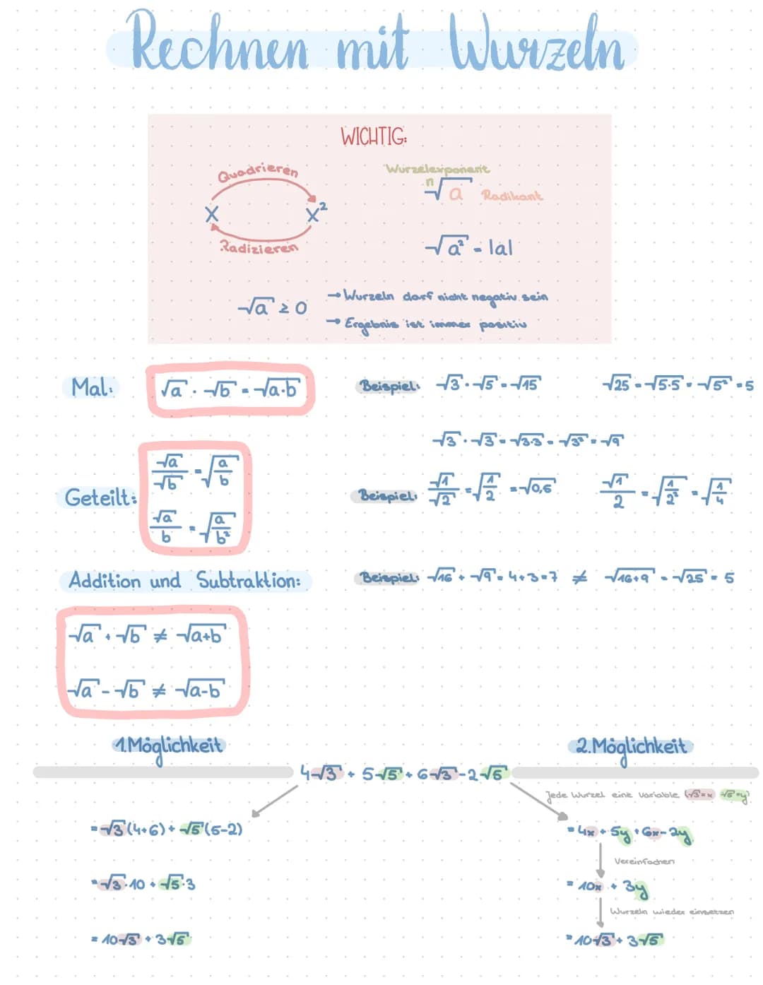 # teilweise Radizieren
## GRUNDLEGEND:
Vollständig ziehbare Wurzeln: z.B. $\sqrt{2^2}=2$
nicht-ziehbare Wurzel: z.B. $\sqrt{2}$
### teilwe