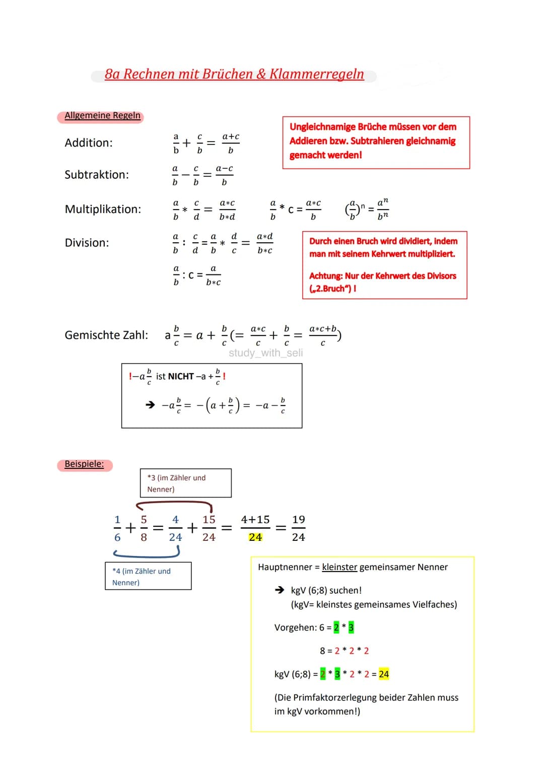 <p>In diesem Text werden verschiedene Regeln und Beispiele zum Rechnen mit Brüchen und Klammern besprochen.</p>
<h2>Allgemeine Regeln</h2>