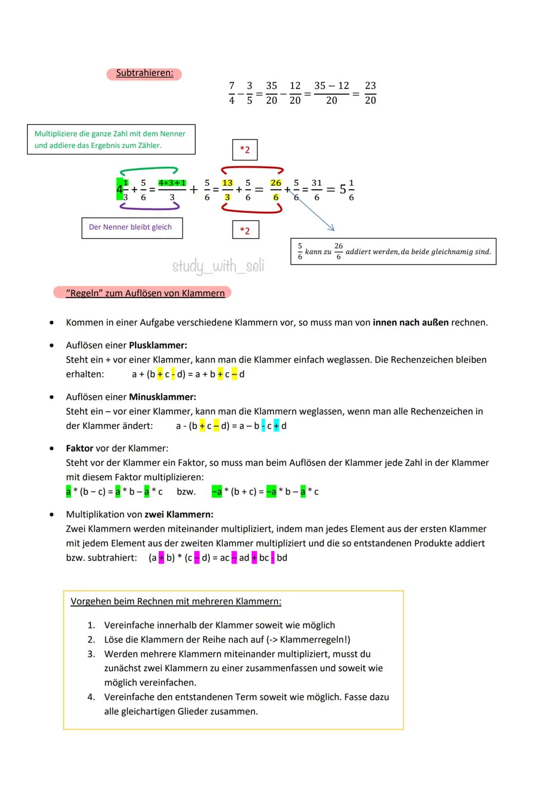 <p>In diesem Text werden verschiedene Regeln und Beispiele zum Rechnen mit Brüchen und Klammern besprochen.</p>
<h2>Allgemeine Regeln</h2>