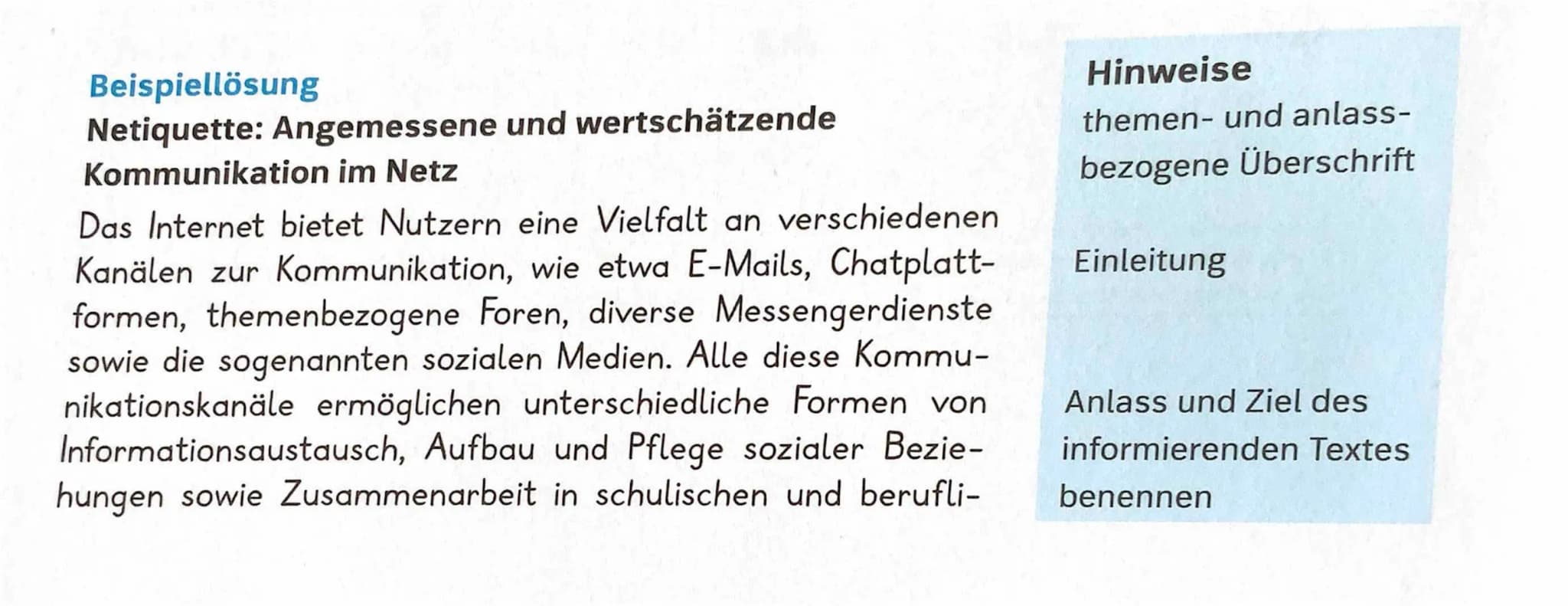 # Beispiellösung
## Netiquette: Angemessene und wertschätzende Kommunikation im Netz
Das Internet bietet Nutzern eine Vielfalt an verschiede