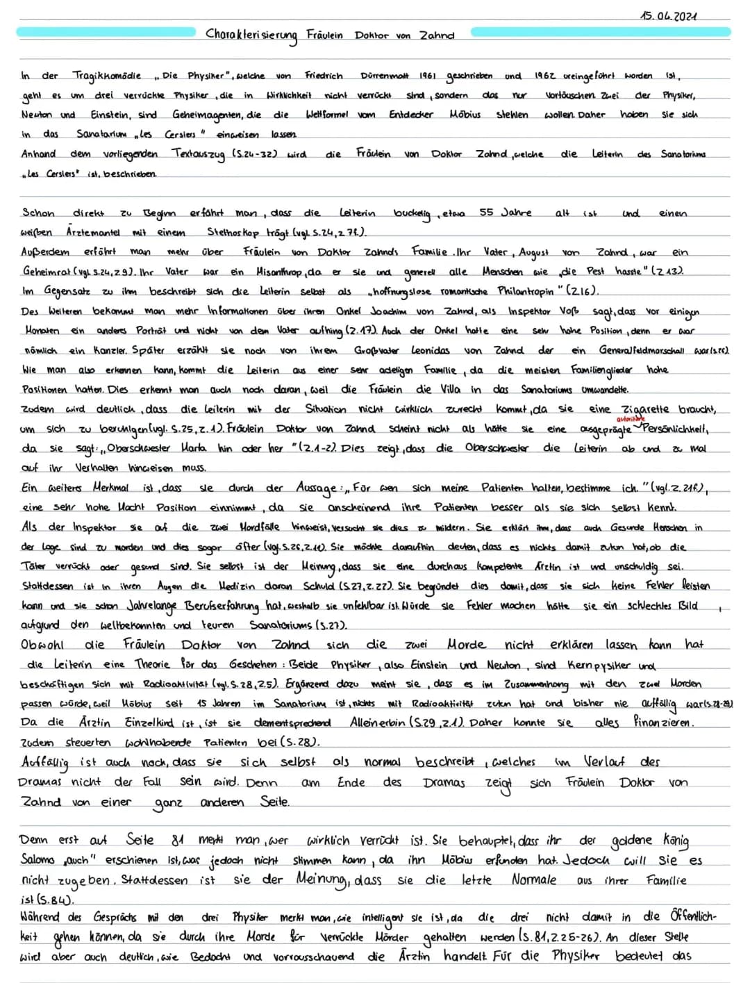 15.04.2021
## Charakterisierung Fräulein Doktor von Zahnd
In der Tragikkomödie „Die Physiker“, welche von Friedrich Dürrenmatt 1961 geschr